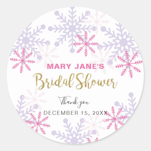 Winter Wonderland Bridal Shower Pink Snowflake Classic Round Sticker