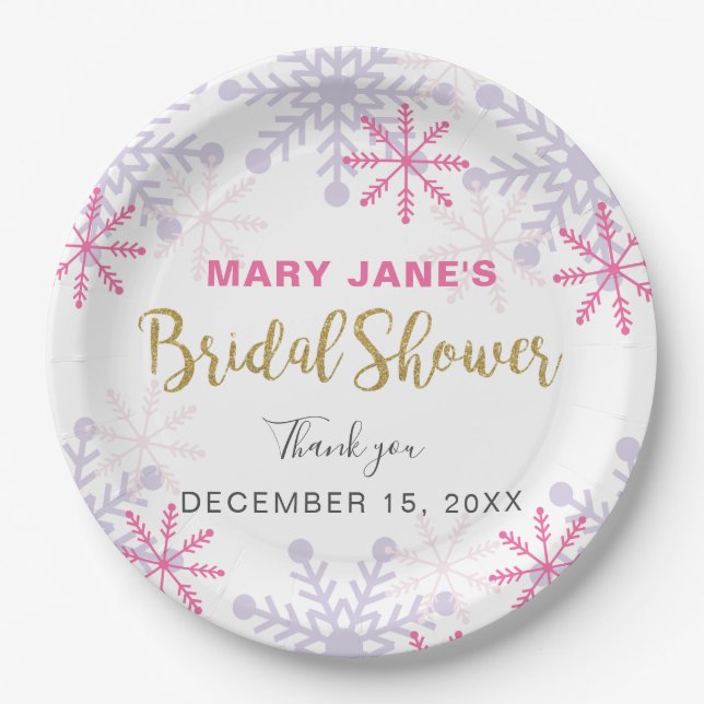 Winter Wonderland Bridal Shower Pink Snowflake Paper Plates (Front)