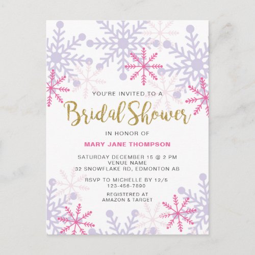 Winter Wonderland Bridal Shower Pink Snowflake Postcard