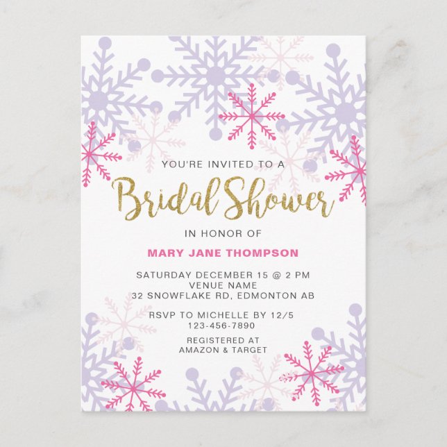 Winter Wonderland Bridal Shower Pink Snowflake Postcard (Front)