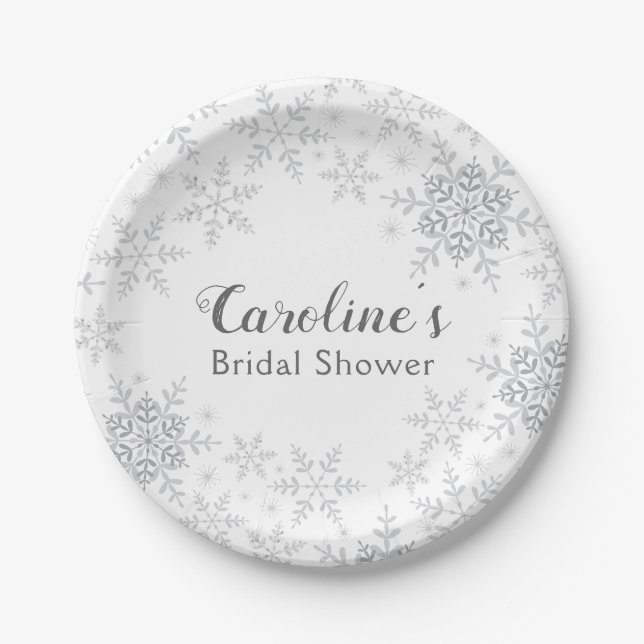 Winter Wonderland Bridal Shower Silver Snowflakes Paper Plates (Front)