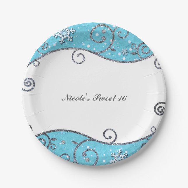 Winter Wonderland Bright Blue & Silver Swirls Paper Plates (Front)
