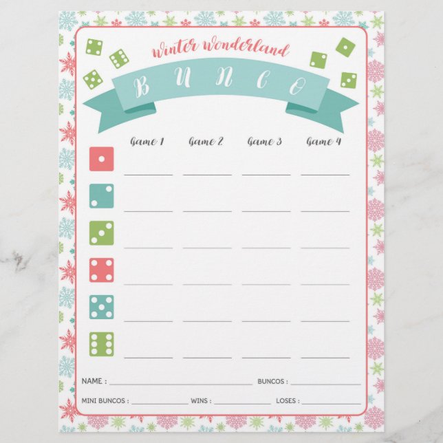 Winter Wonderland Bunco Party Game Score Card (Front)