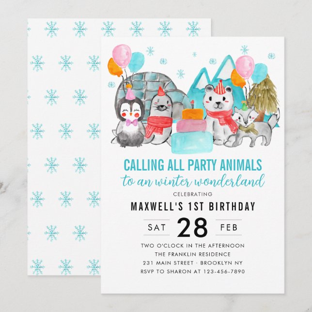 Winter Wonderland Calling Party Animals Birthday Invitation (Front/Back)