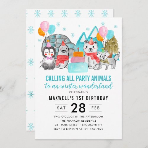Winter Wonderland Calling Party Animals Birthday Invitation