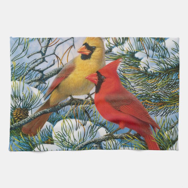Winter Wonderland Cardinal Birds Christmas Kitchen Towel (Horizontal)