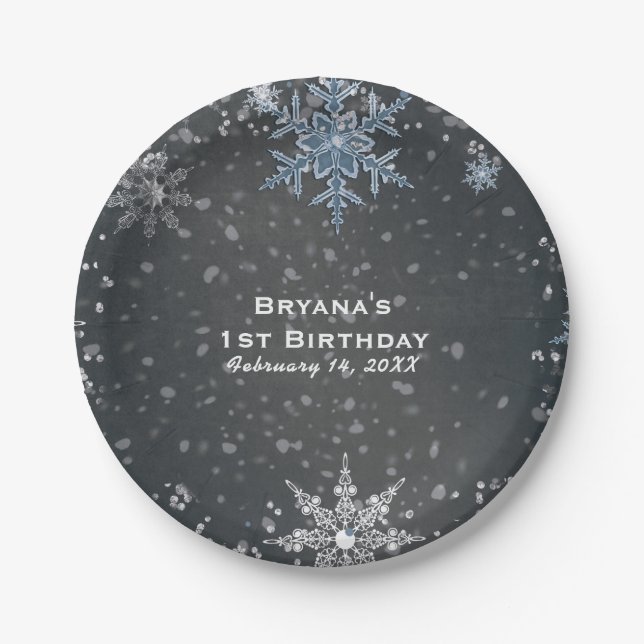 Winter Wonderland Chalk Blue Grey Custom Party Paper Plates (Front)