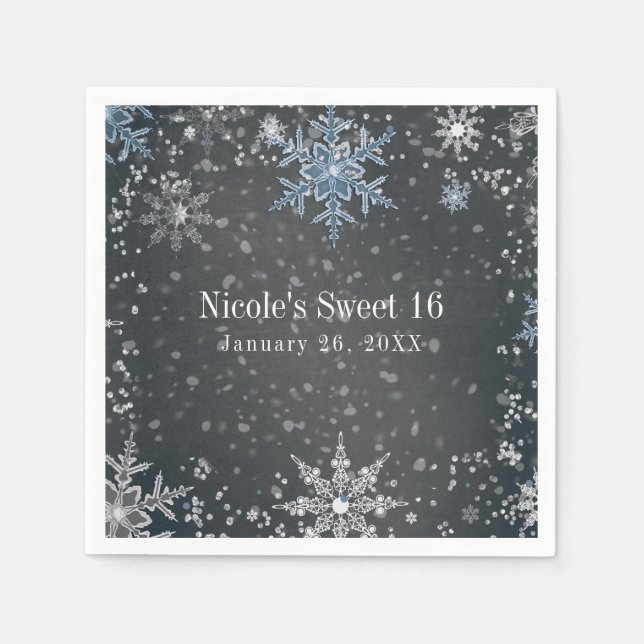 Winter Wonderland Chalk Blue Grey Silver Party Paper Napkins (Front)