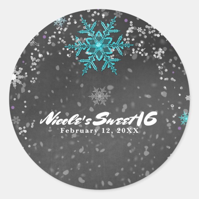 Winter Wonderland Chalk Teal & Purple Custom Party Classic Round Sticker (Front)