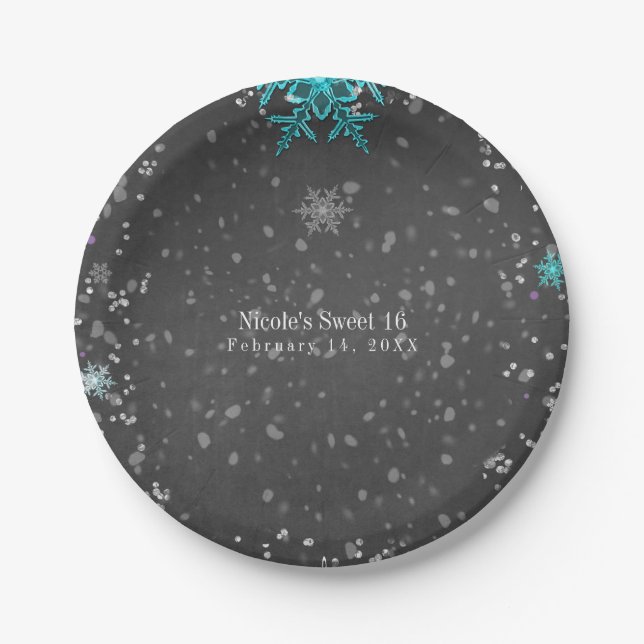Winter Wonderland Chalk Teal & Purple Custom Party Paper Plates (Front)