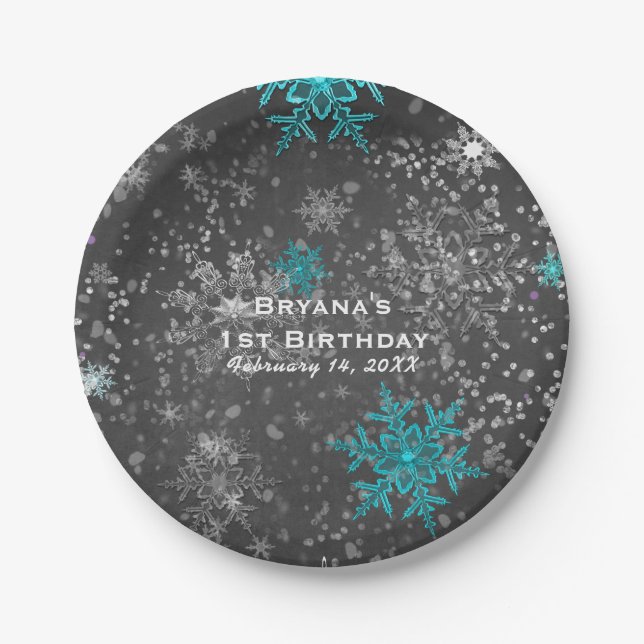 Winter Wonderland Chalk Teal & Purple Custom Party Paper Plates (Front)