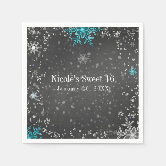 Winter Wonderland Chalk Teal & Purple Party Paper Napkins (Front)