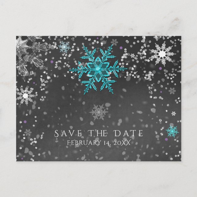 Winter Wonderland Chalk Teal & Purple Save Date Announcement Postcard (Front)