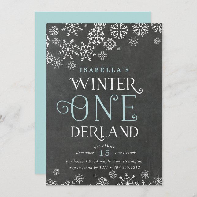 Winter Wonderland Chalkboard First Birthday Invite (Front/Back)