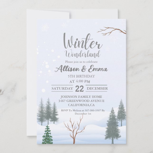 Winter Wonderland Christmas Birthday Twin Party Invitation (Front)