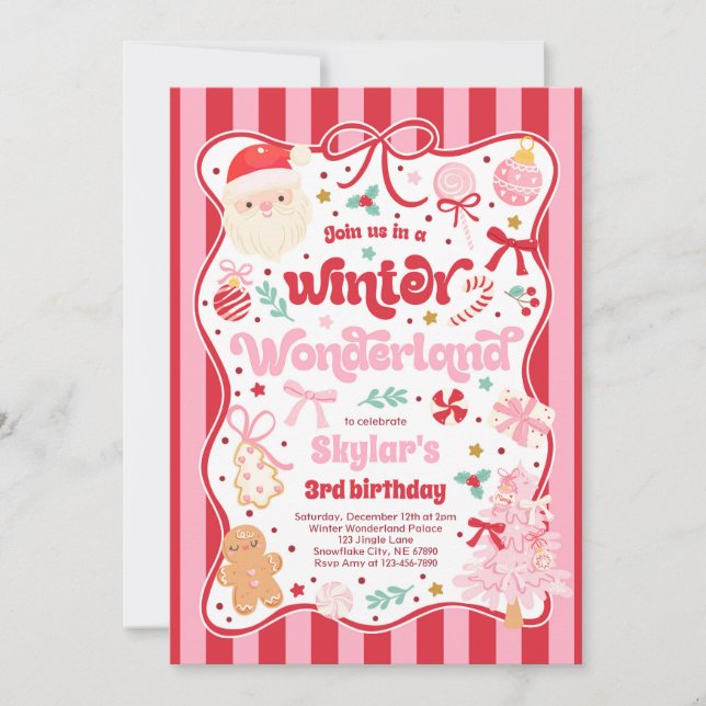 Winter Wonderland Christmas Coquette Bow Birthday Invitation (Front)