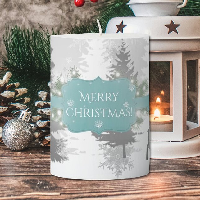 Winter Wonderland Christmas Pillar Candle - Teal (Teal Winter Wonderland Christmas Pillar Candle)