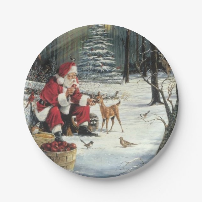 Winter Wonderland Christmas Santa And Deer Paper Plates (Front)