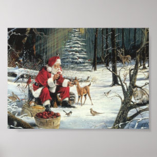 Winter Wonderland Christmas Santa And Deer Poster