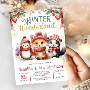 Winter Wonderland Cute Snow Animals 4th Birthday Invitation