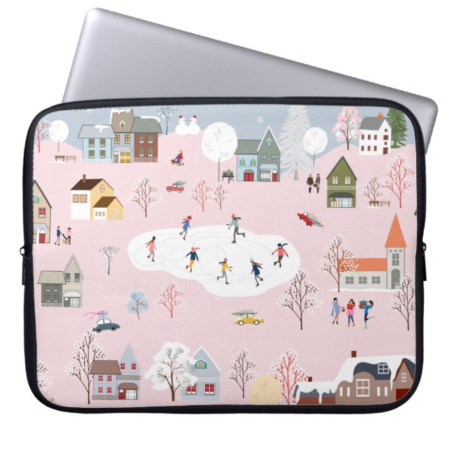 Winter wonderland: cute village pattern laptop sleeve (Front)