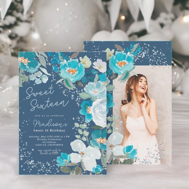 Winter Wonderland dark blue Floral Sweet Sixteen Invitation (Winter Wonderland dark blue Floral Sweet Sixteen Invitation)