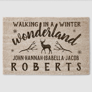 Winter Wonderland Deer Branches Custom Name Fiber Doormat
