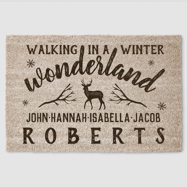 Winter Wonderland Deer Branches Custom Name Fiber Doormat (Front)