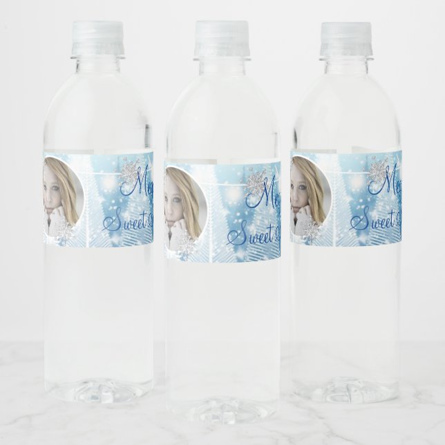 Winter Wonderland Diamond Snowflakes String Lights Water Bottle Label (Bottles)