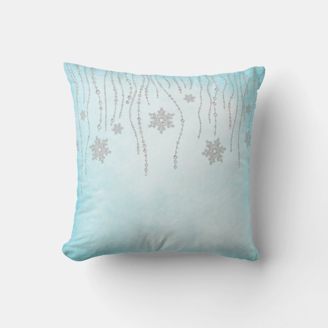 Winter Wonderland Diamond Snowflakes Teal Blue Throw Pillow (Front)
