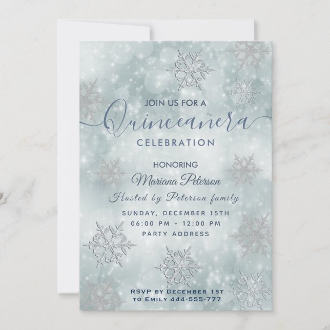 Winter wonderland dusty blue bokeh Quinceañera Invitation (Front)