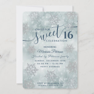 Winter wonderland dusty blue bokeh sweet 16 invita invitation