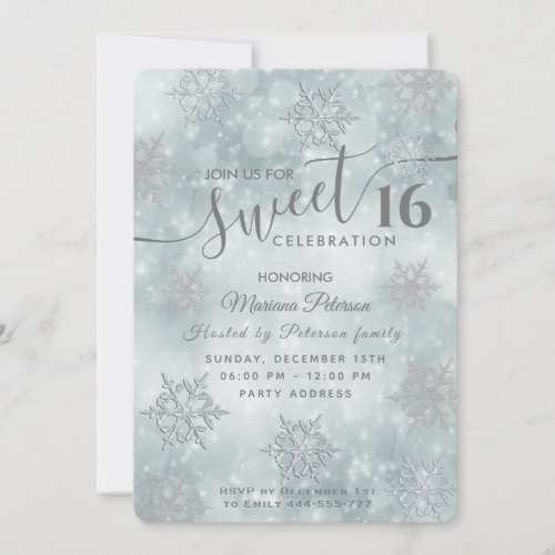 Winter wonderland dusty blue bokeh sweet 16 invitation