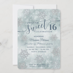 Winter wonderland dusty blue bokeh sweet 16 invitation