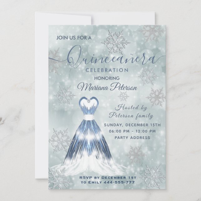 Winter wonderland dusty blue Quinceañera Invitation (Front)
