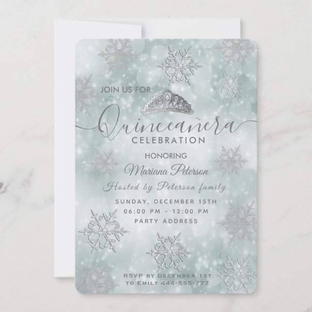 Winter wonderland dusty blue tiara Quinceañera Invitation (Front)