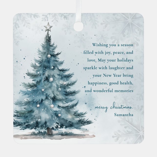Winter Wonderland Elegant Blue Tree Christmas Metal Ornament (Front)