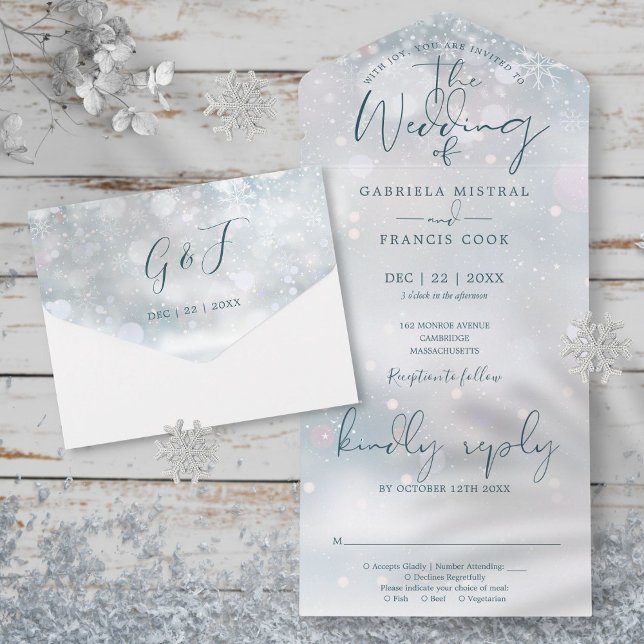 Winter Wonderland Elegant Script Snow Wedding All In One Invitation (Winter Wonderland Elegant Script Snow Wedding All In One Invitation)