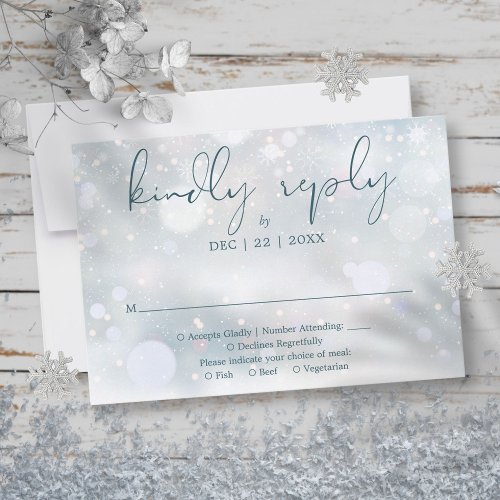 Winter Wonderland Elegant Script Snow Wedding RSVP Card