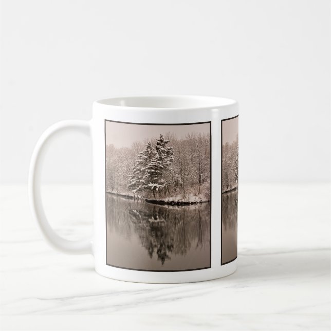 Winter Wonderland Evergreen Trees Lake Brown Sepia Coffee Mug (Left)