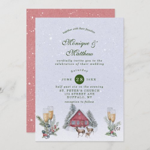 Winter Wonderland Farm House and Deer Wedding Invitation