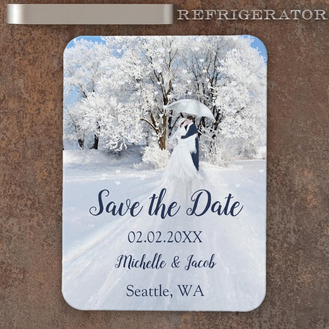 Winter Wonderland Fine Art Save the Date Magnet (Save the Date magnet featuring a fine art painting with a romantic couple in a winter wonderland)