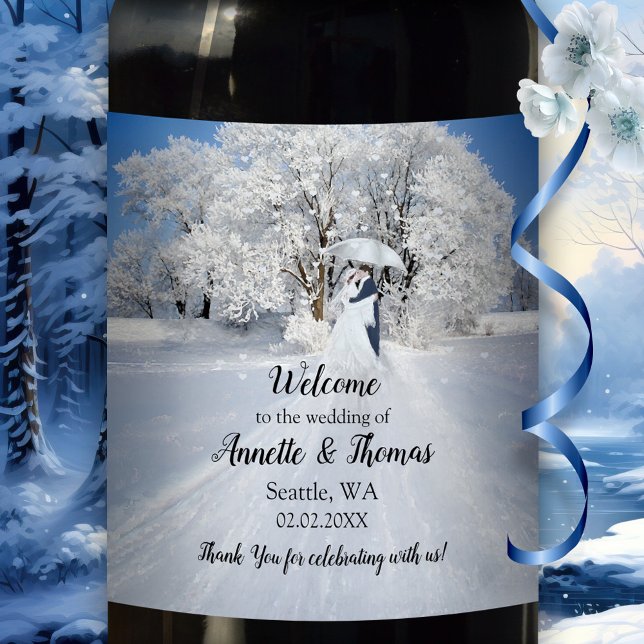 Winter Wonderland Fine Art Wedding Wine Label (Wedding wine label featuring a fine art painting of a couple with umbrella in winter wonderland)