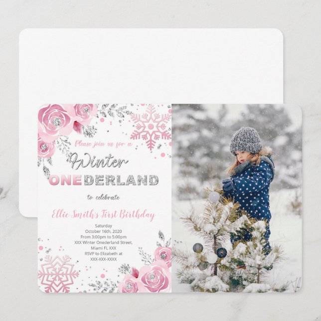 Winter Wonderland First Birthday Photo Invitation (Front/Back)