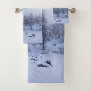 Winter wonderland, fog, spruce forest and mountain bath towel set
