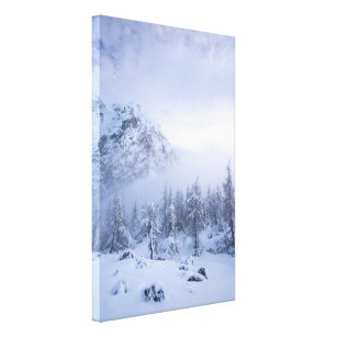 Winter wonderland, fog, spruce forest and mountain canvas print