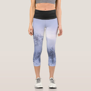 Winter wonderland, fog, spruce forest and mountain capri leggings