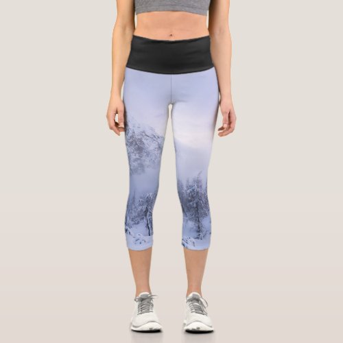 Winter wonderland fog spruce forest and mountain capri leggings