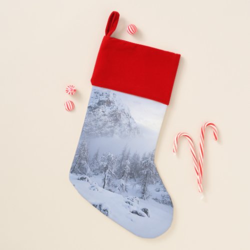 Winter wonderland fog spruce forest and mountain christmas stocking