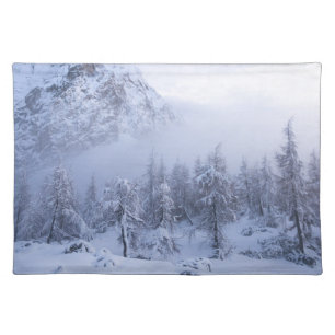 Winter wonderland, fog, spruce forest and mountain cloth placemat